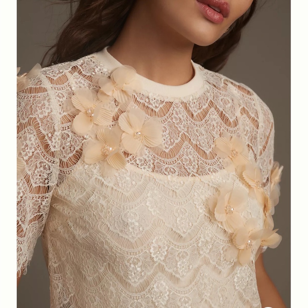 Sunday In Brooklyn Cream Lace 3D Flowers Floral Short Sleeve Blouse Shirt XXS - Picture 3 of 5